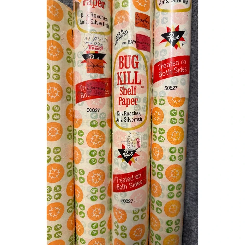 Vintage Bug Kill Shelf Paper by Rave Baygon Treated 5 Rolls Orange Green Floral